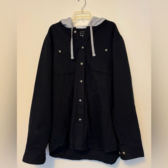 Black Denim Button-Up Jacket with Gray Hood - Picture 1 of 2